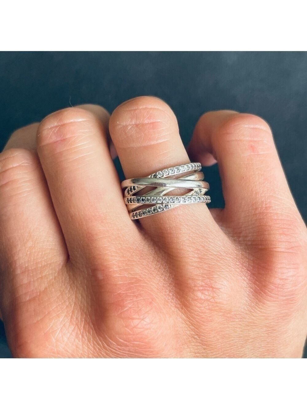 PANDORA CROSSOVER SPARKLING & POLISHED STERLING SILVER CZ WIDE BAND RING… - Picture 7 of 8